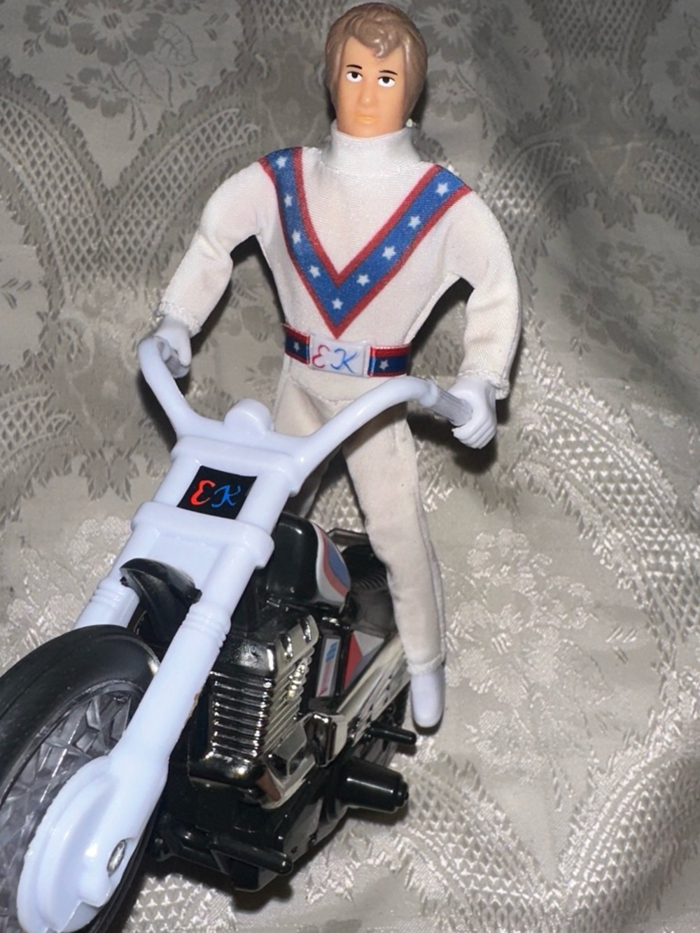 1970 Evel Knievel action figure with white jumpsuit